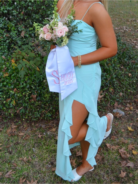 Hello Molly Dresses & Skirts - Hello Molly Aqua Ruffle Slit Prom Dress